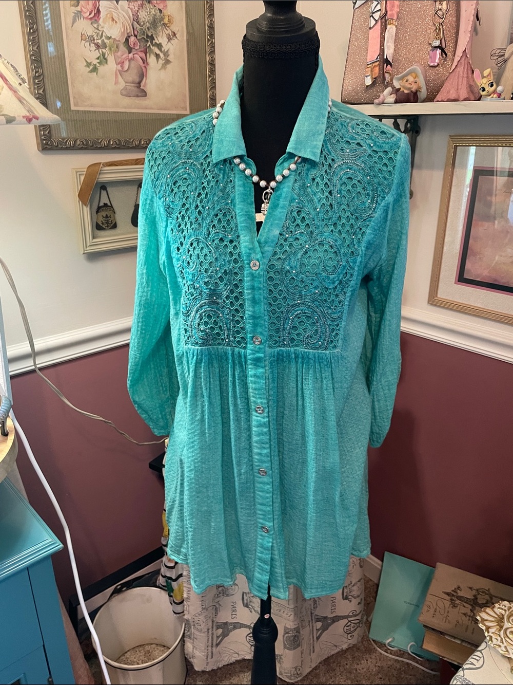Turquoise Lace-Front Button-Down Blouse High Low by REBA
